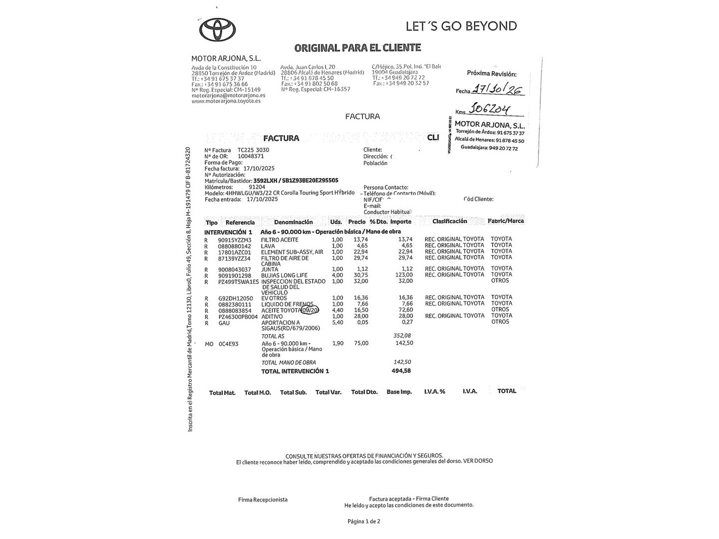 Foto del mantenimiento del Toyota Corolla Toyota Corolla Touring Sports 125H Active Tech E-CVT (122 CV)