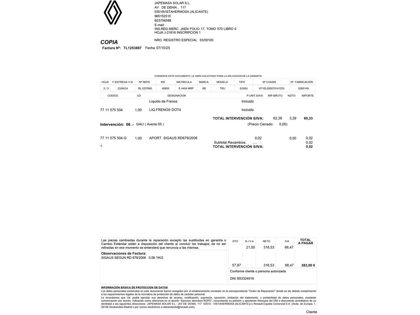 Foto del mantenimiento del Renault Trafic Renault Trafic Piso Cabina L2 Energy dCi (150 CV)