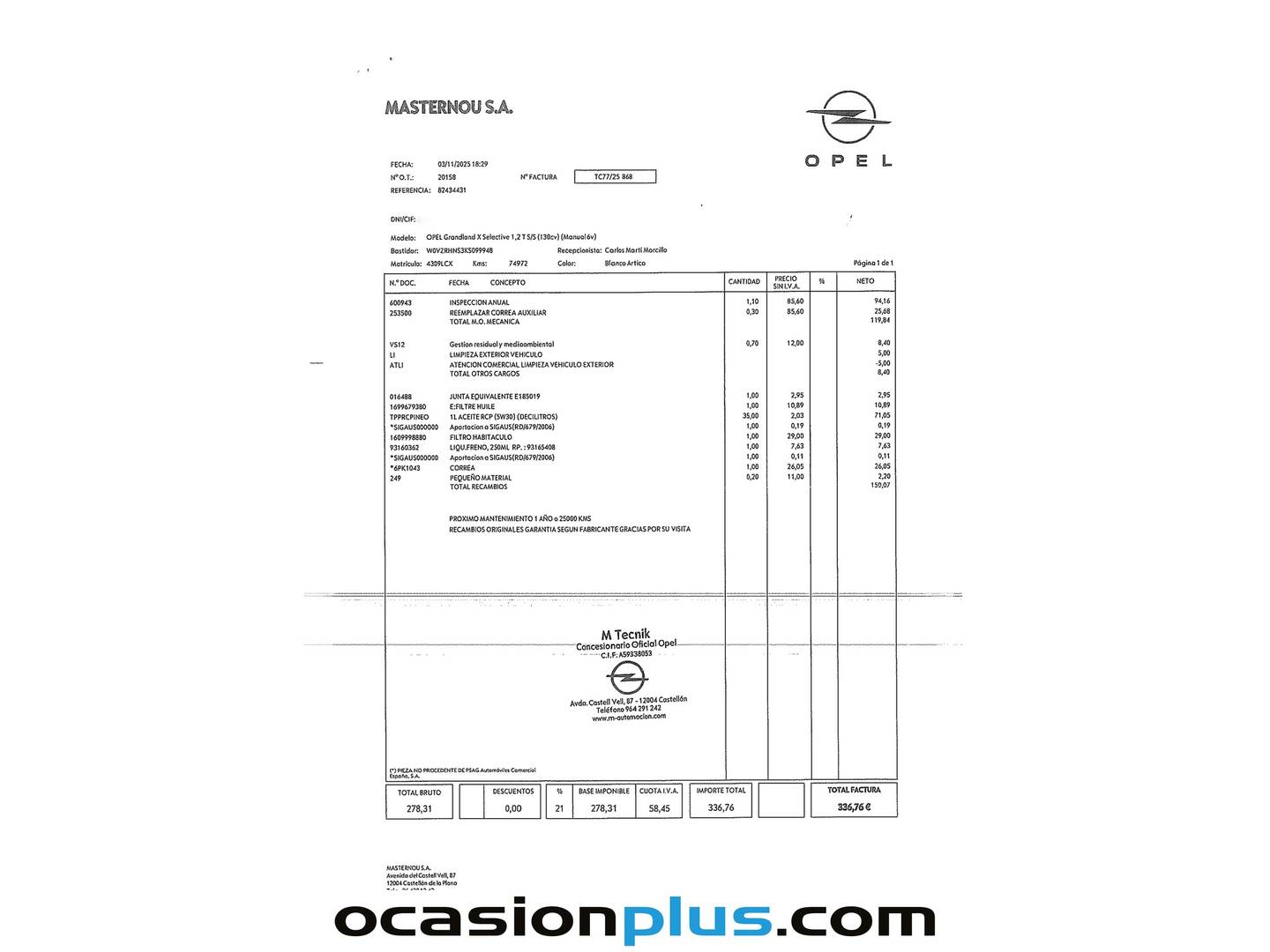 Foto del mantenimiento del Opel Grandland X Opel Grandland X 1.2 Turbo Selective (130 CV)