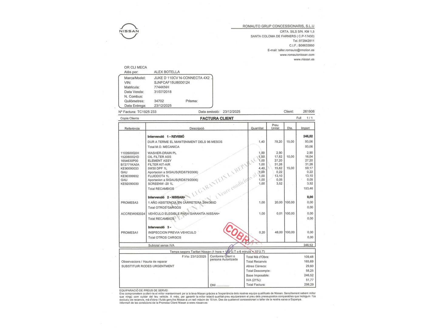 Foto del mantenimiento del Nissan JUKE Nissan Juke dCi 110 N-Connecta (110 CV)