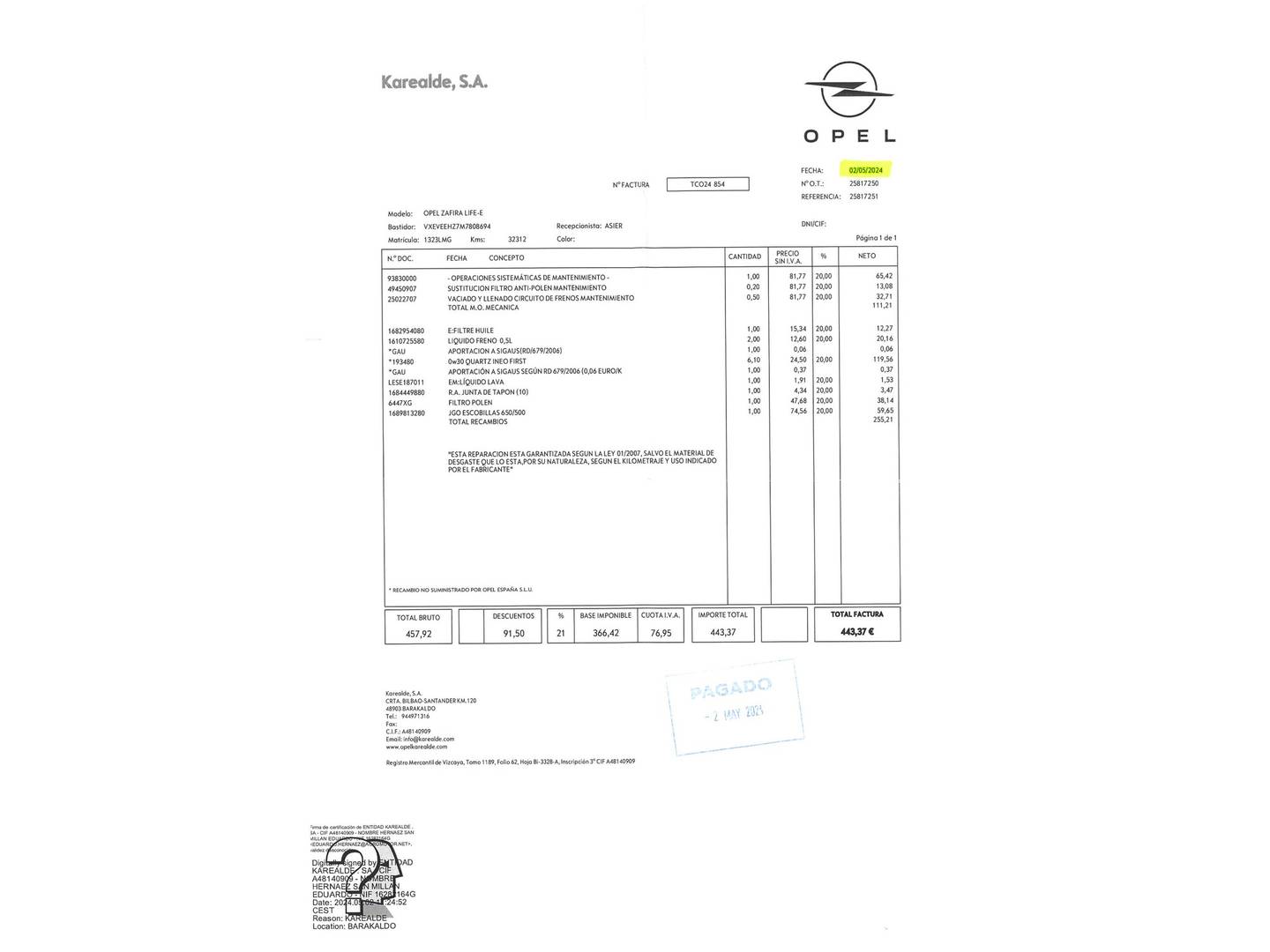 Foto del mantenimiento del Opel Zafira Life Opel Zafira Life 2.0 Diesel M Elegance Auto (177 CV) 8 Plazas