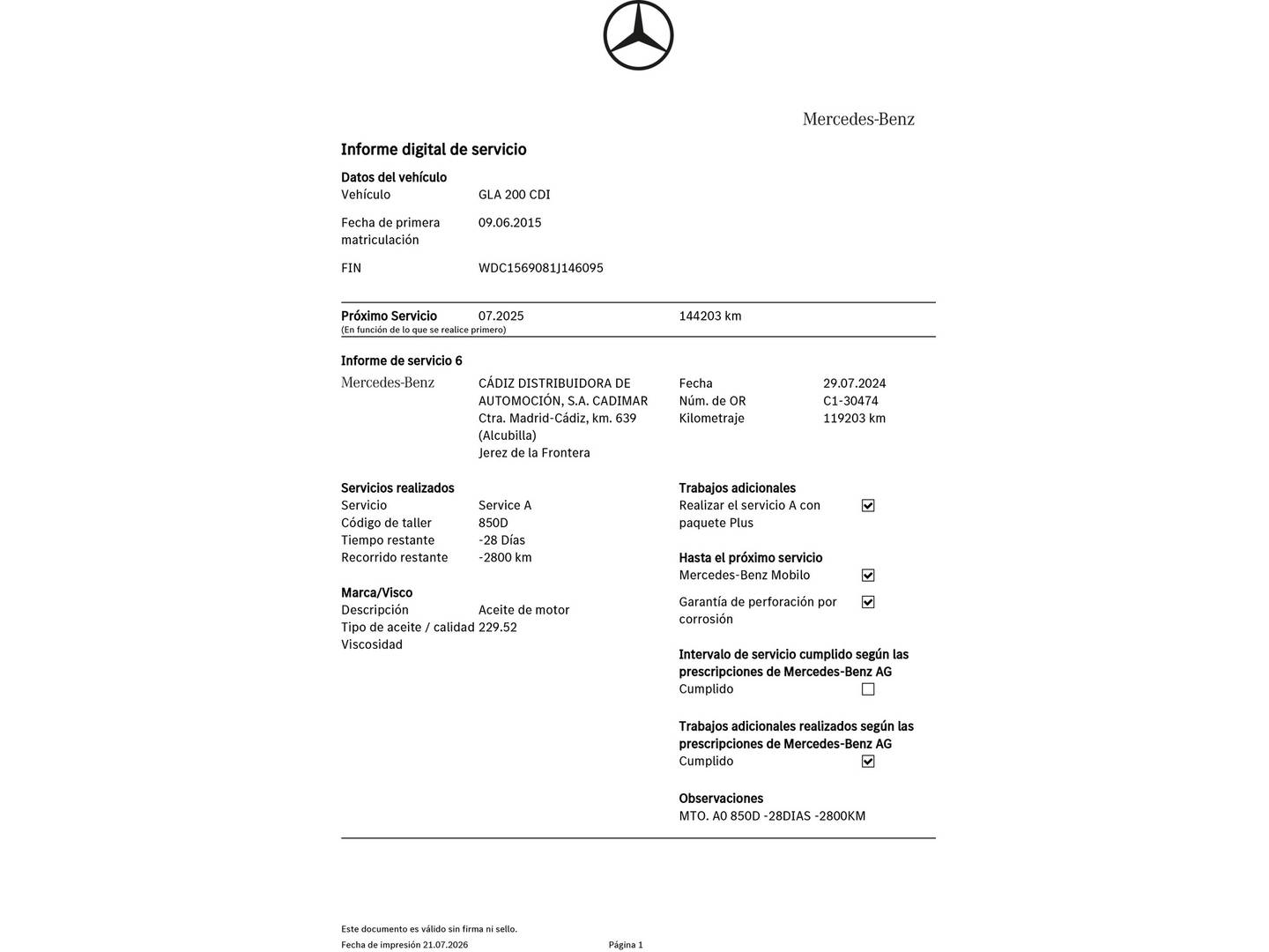 Foto del mantenimiento del Mercedes GLA Mercedes GLA 200 CDI Style (136 CV)