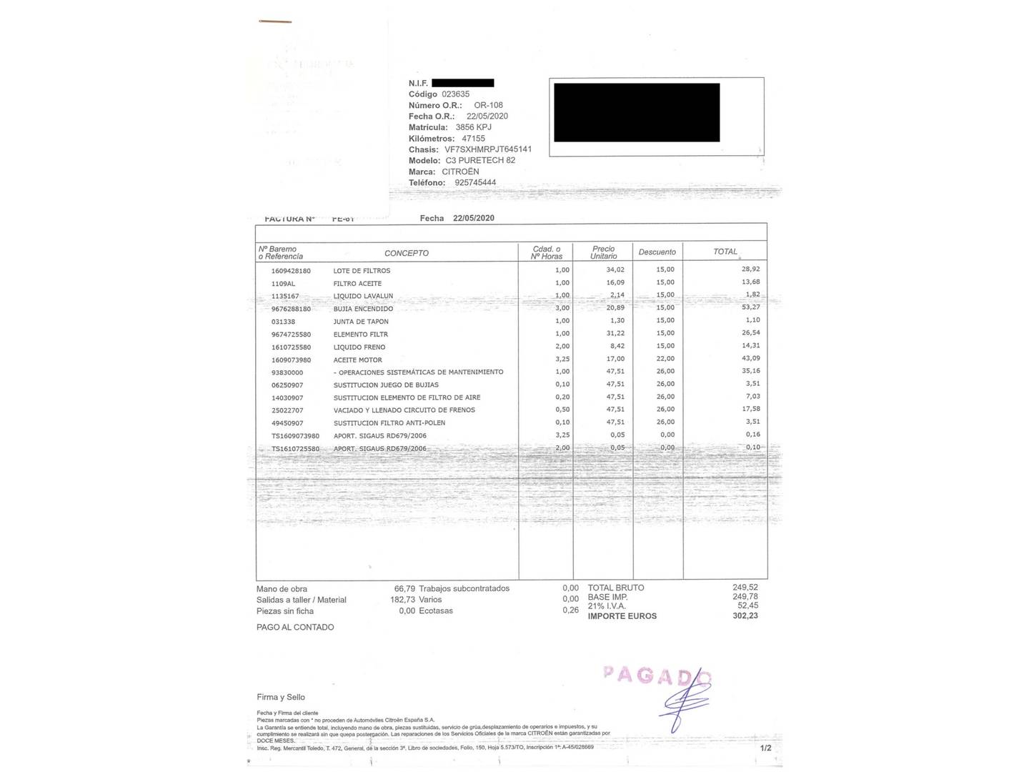 Foto del mantenimiento del Citroën C3 Citroën C3 PureTech 82 Feel (83 CV)