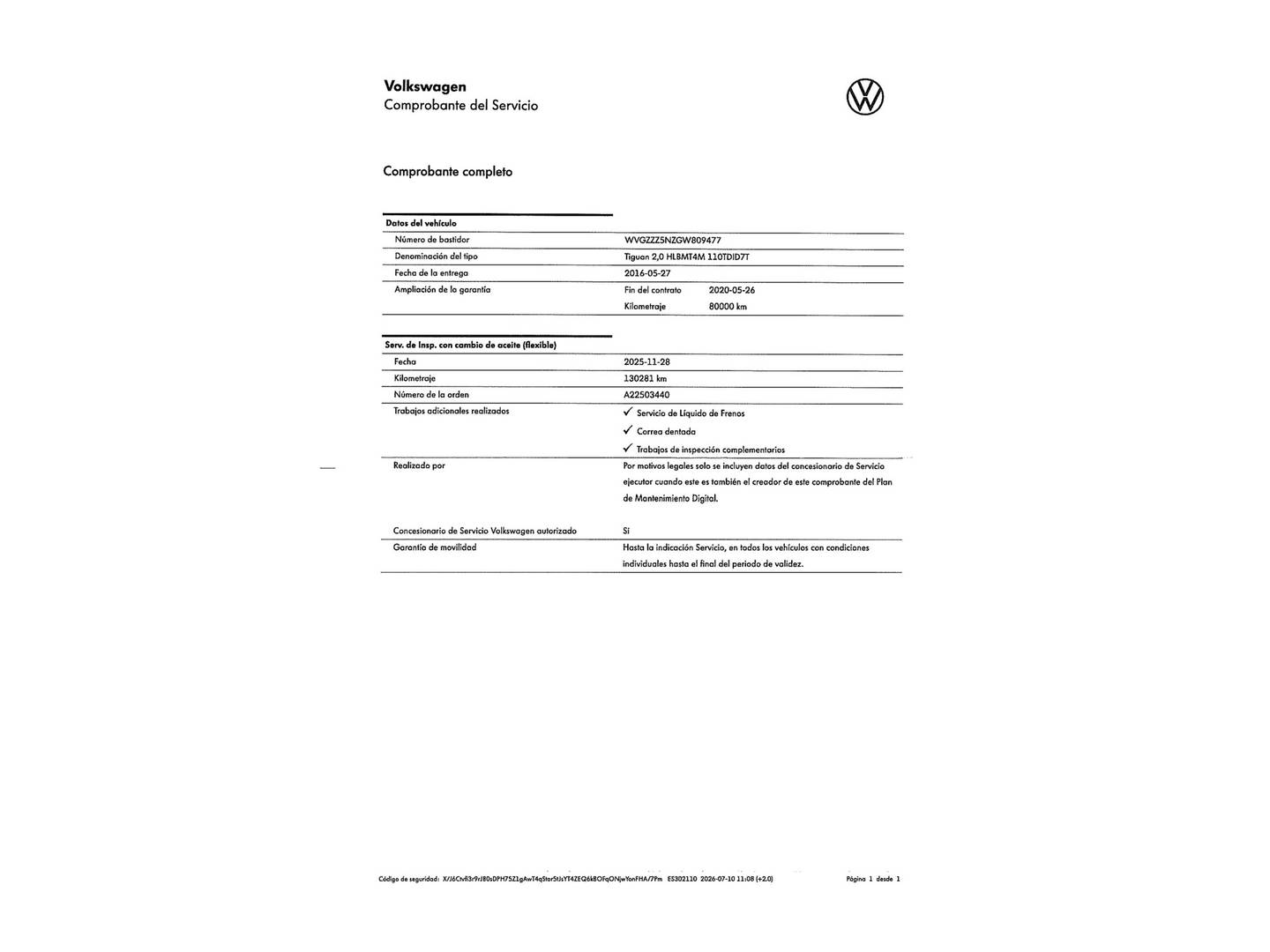 Foto del mantenimiento del Volkswagen Tiguan Volkswagen Tiguan Sport 2.0 TDI BMT 4Motion (150 CV) DSG