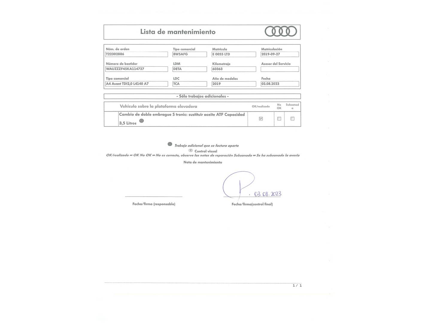 Foto del mantenimiento del Audi A4 Audi A4 Avant Advanced 40 TDI (190 CV) S tronic
