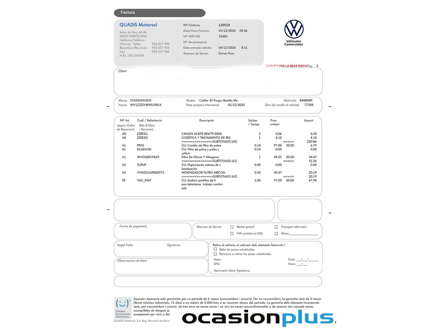 Foto del mantenimiento del Volkswagen Crafter Volkswagen Crafter Furgon Batalla Media TN 2.0 TDI (102 CV) 3.500