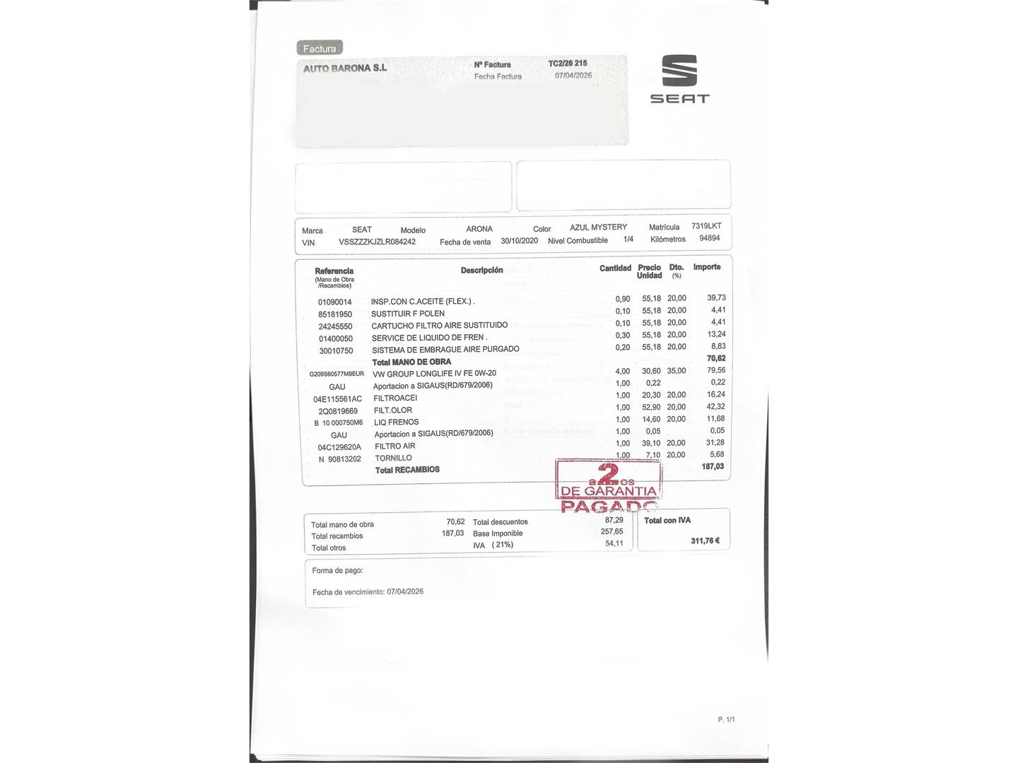 Foto del mantenimiento del Seat Arona Seat Arona 1.0 TSI Ecomotive Style Edition (115 CV)