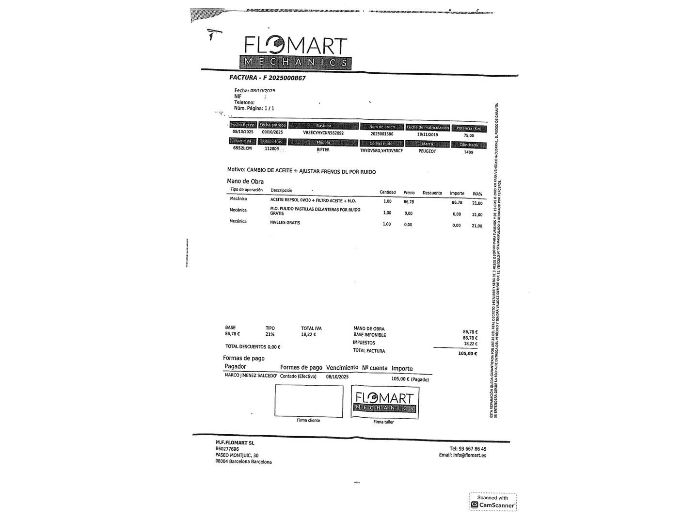Foto del mantenimiento del Peugeot Rifter Peugeot Rifter BlueHDi 100 Active Standard (100 CV)