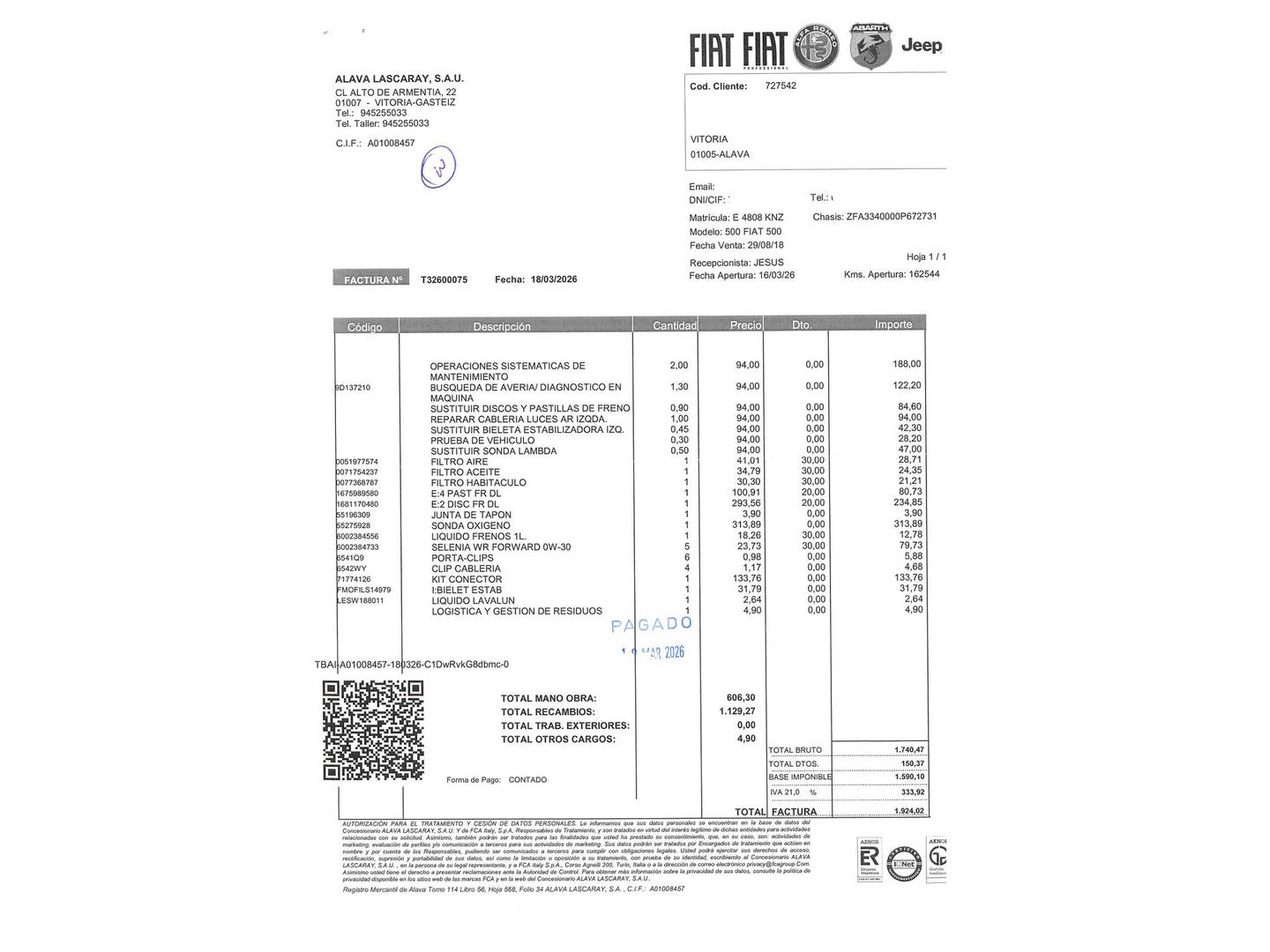 Foto del mantenimiento del Fiat 500X Fiat 500X 1.6 MultiJet Lounge 4x2 DCT (120 CV)