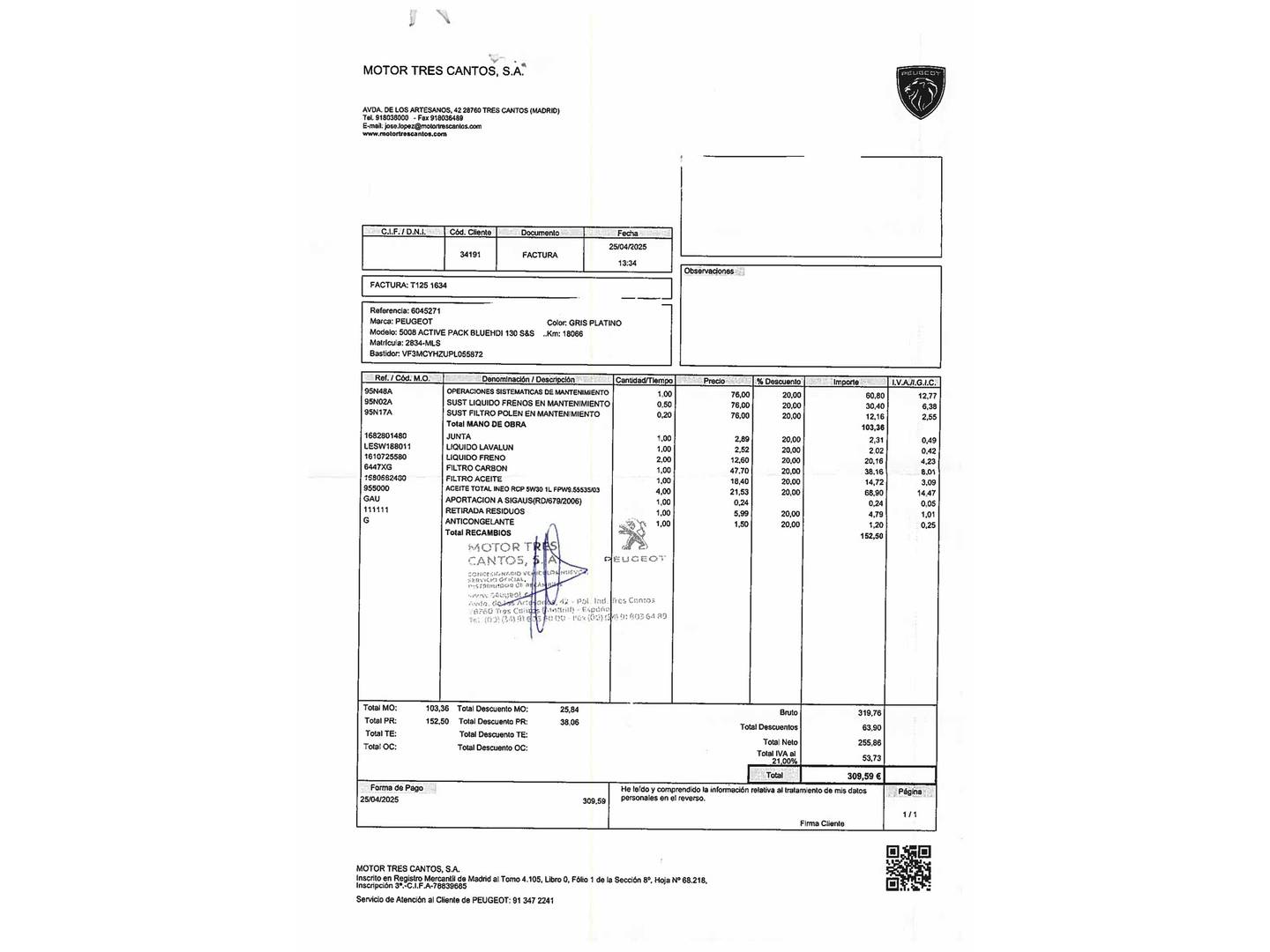 Foto del mantenimiento del Peugeot 5008 Peugeot 5008 5008 BlueHDI 130 S&S Active Pack EAT8 (130 CV)