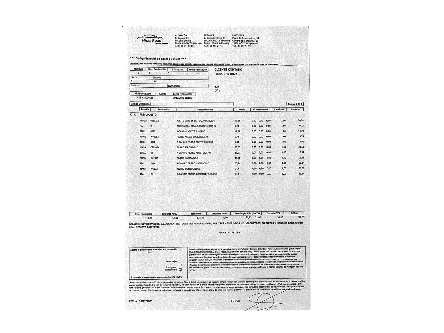 Foto del mantenimiento del Seat Ibiza Seat Ibiza 1.4i 16v Stylance (100 CV)