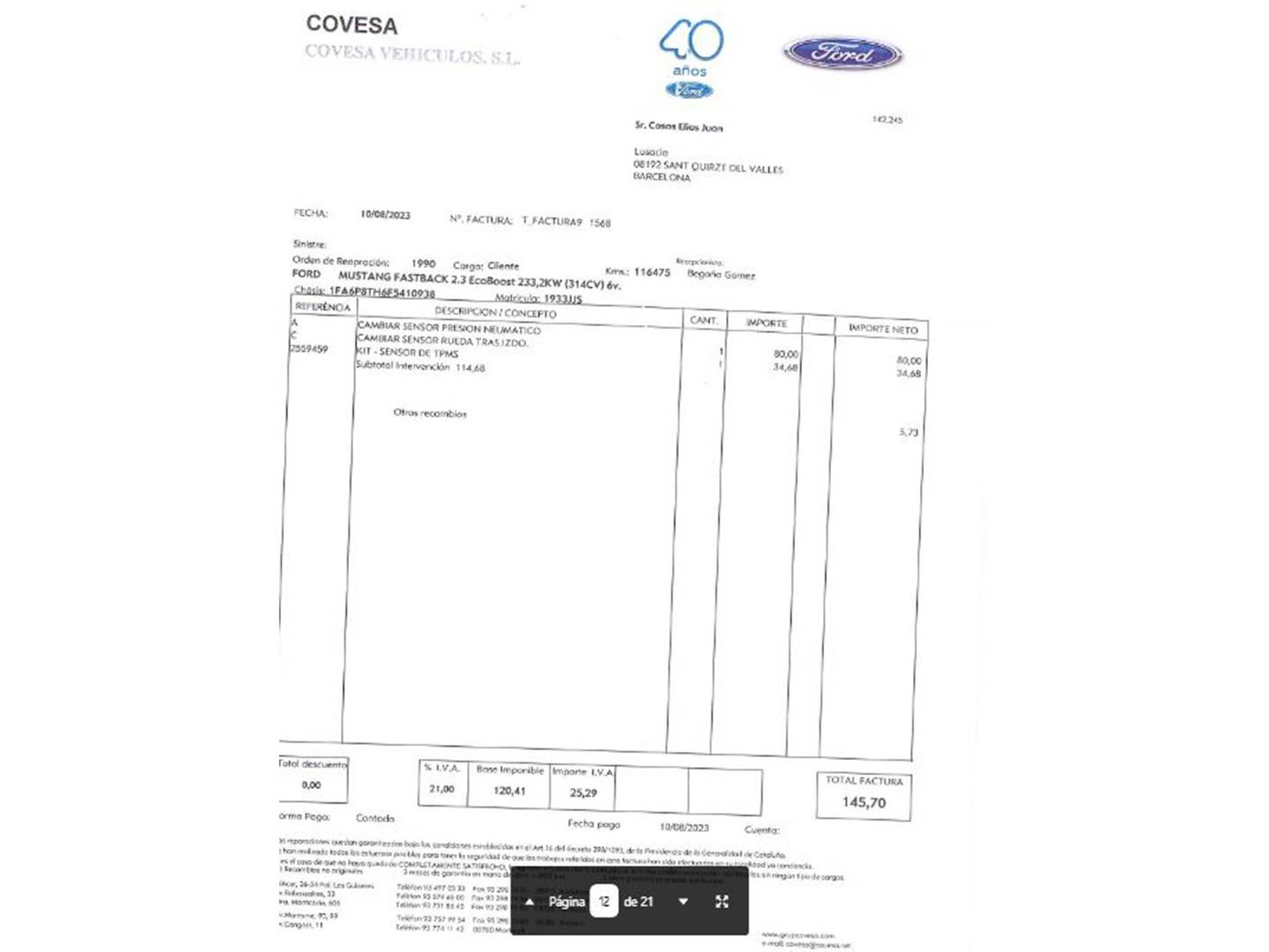 Foto del mantenimiento del Ford Mustang Ford Mustang 2.3 EcoBoost Mustang (Fastback) (314 CV)