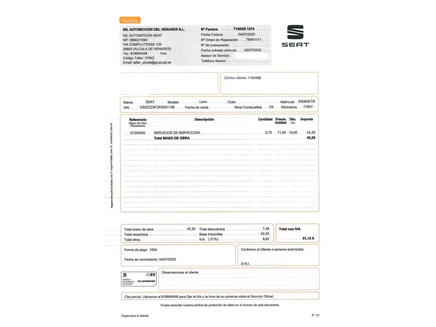 Foto del mantenimiento del Seat León Seat León ST 1.5 EcoTSI S&S FR DSG (150 CV)