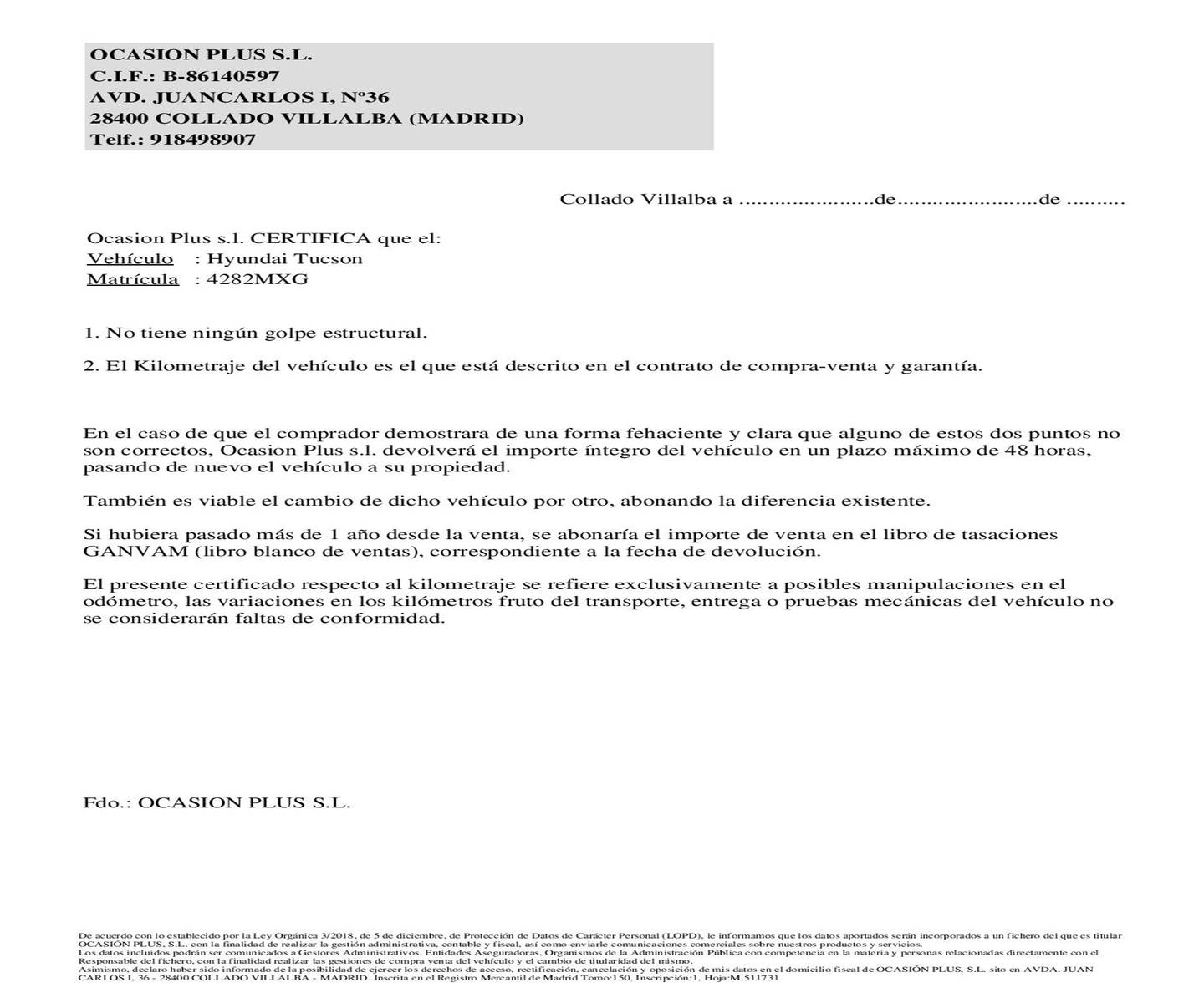 Foto del certificado del Hyundai Tucson Hyundai Tucson 1.6 T Maxx (160 CV)