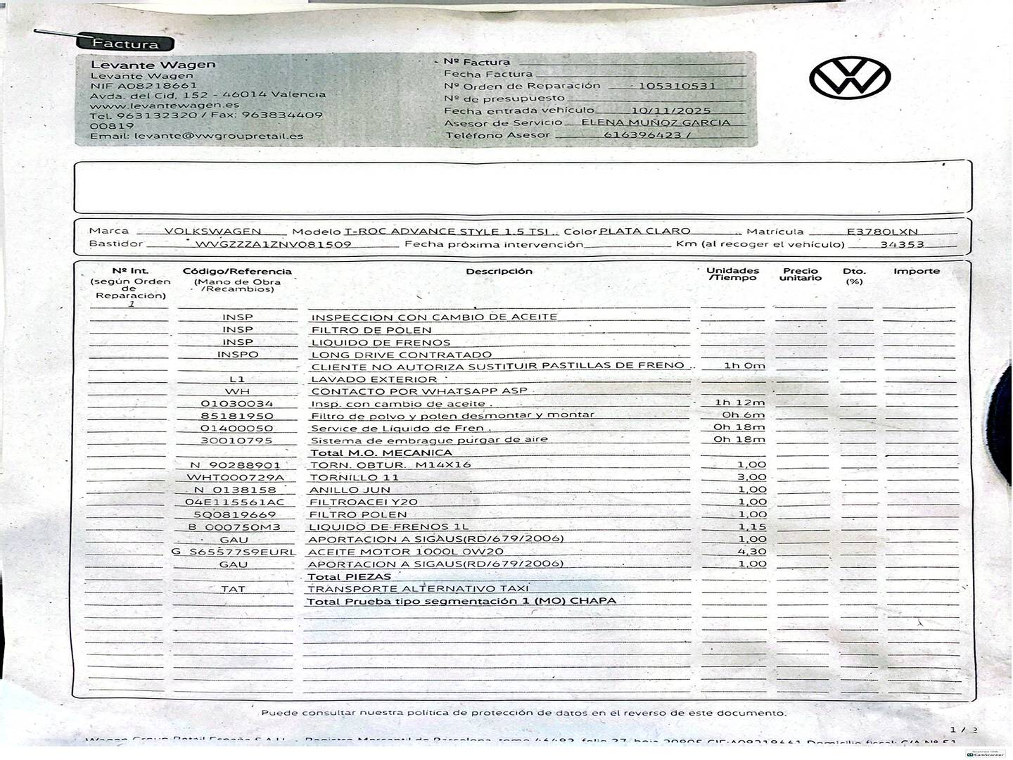 Foto del mantenimiento del Volkswagen T-Roc Volkswagen T-Roc Advance Style 1.5 TSI (150 CV)