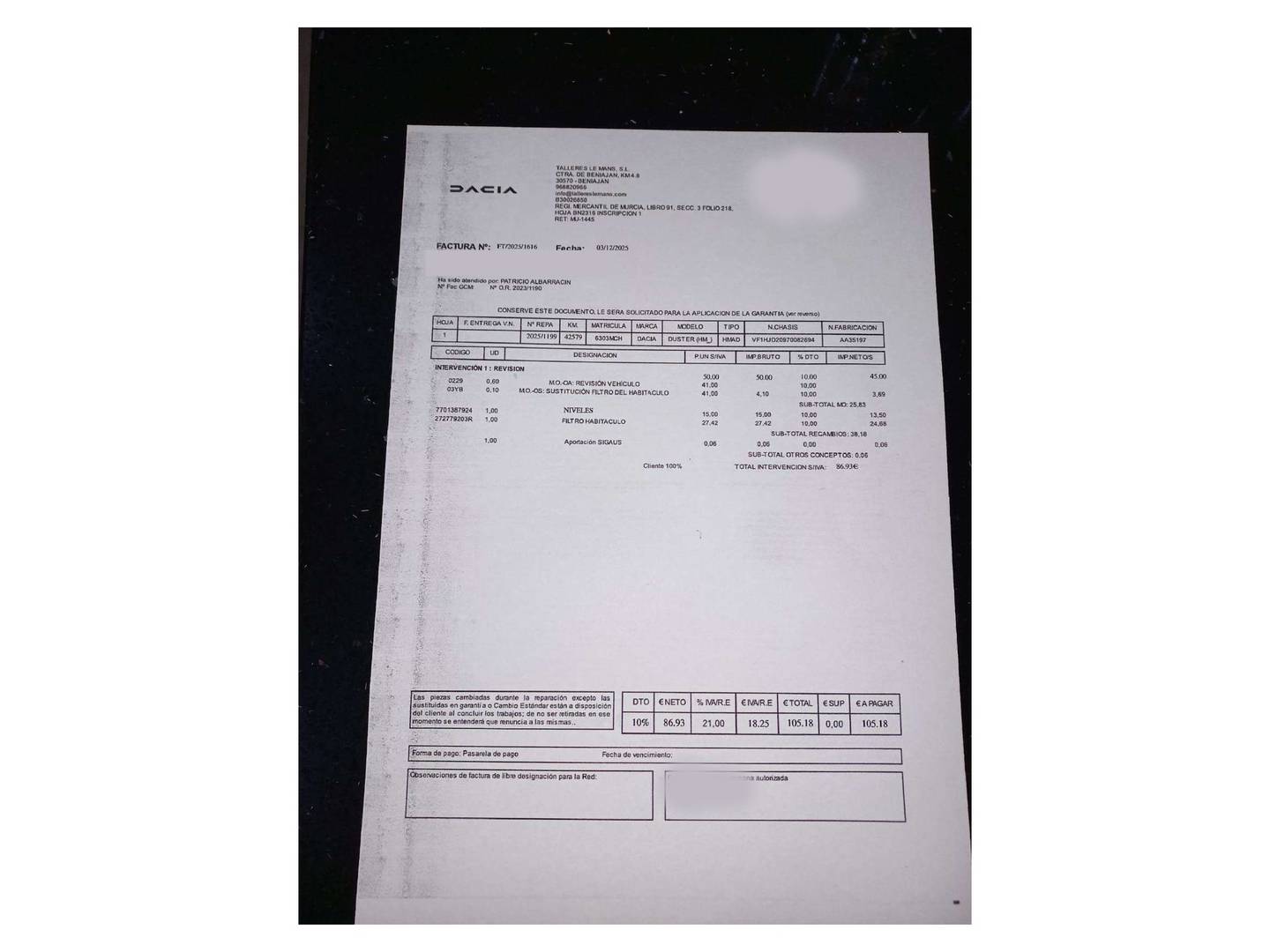 Foto del mantenimiento del Dacia Duster Dacia Duster Prestige Blue dCi (115 CV) 4X2