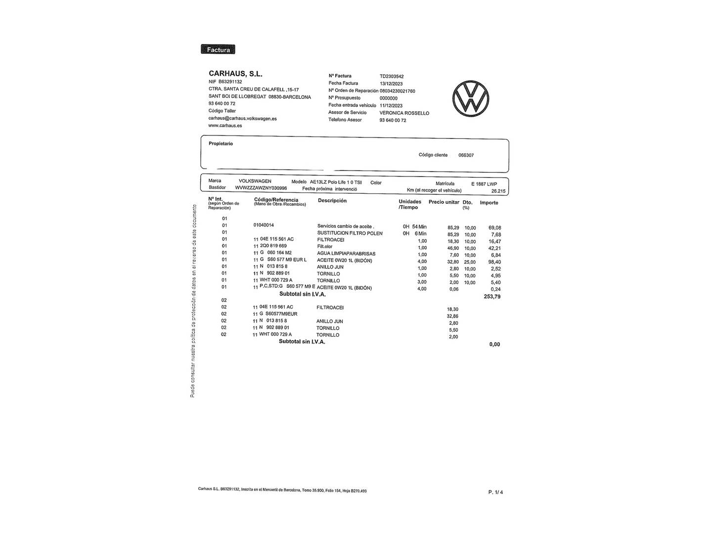 Foto del mantenimiento del Volkswagen Polo Volkswagen Polo Life 1.0 TSI (95 CV) DSG
