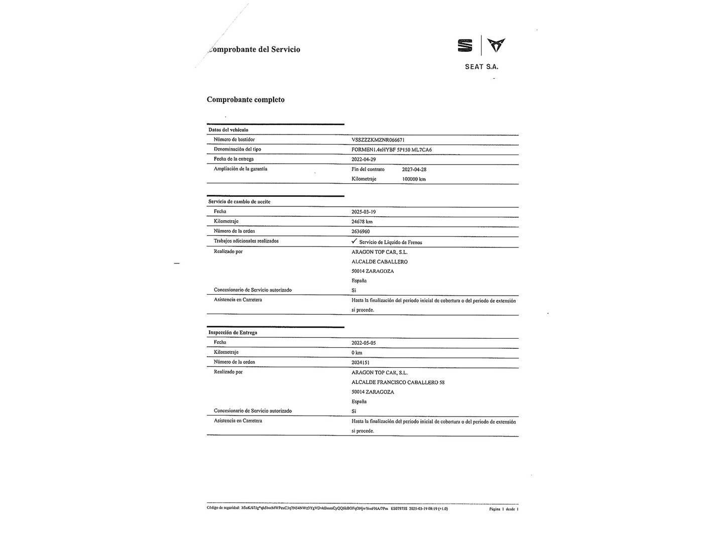 Foto del mantenimiento del Cupra Formentor Cupra Formentor 1.4 e-Hybrid DSG  (204 CV)