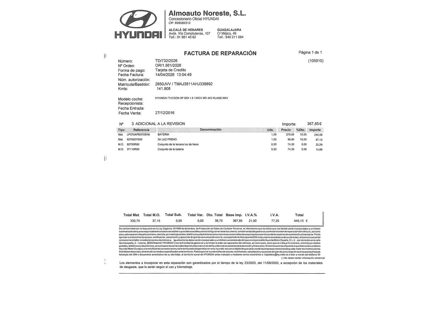 Foto del mantenimiento del Hyundai Tucson Hyundai Tucson 1.6 GDI BlueDrive 25 Aniversario 4x2 (131 CV)