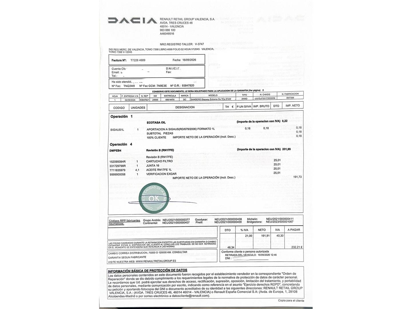 Foto del mantenimiento del Dacia Sandero Dacia Sandero Stepway Expression Go TCe (110 CV)