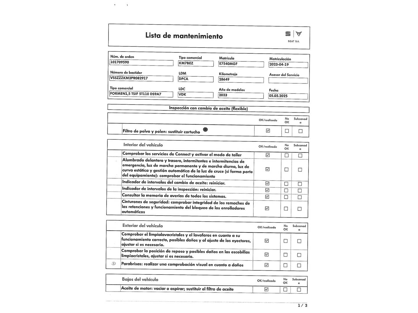 Foto del mantenimiento del Cupra Formentor CUPRA Formentor 1.5 TSI DSG (150 CV)