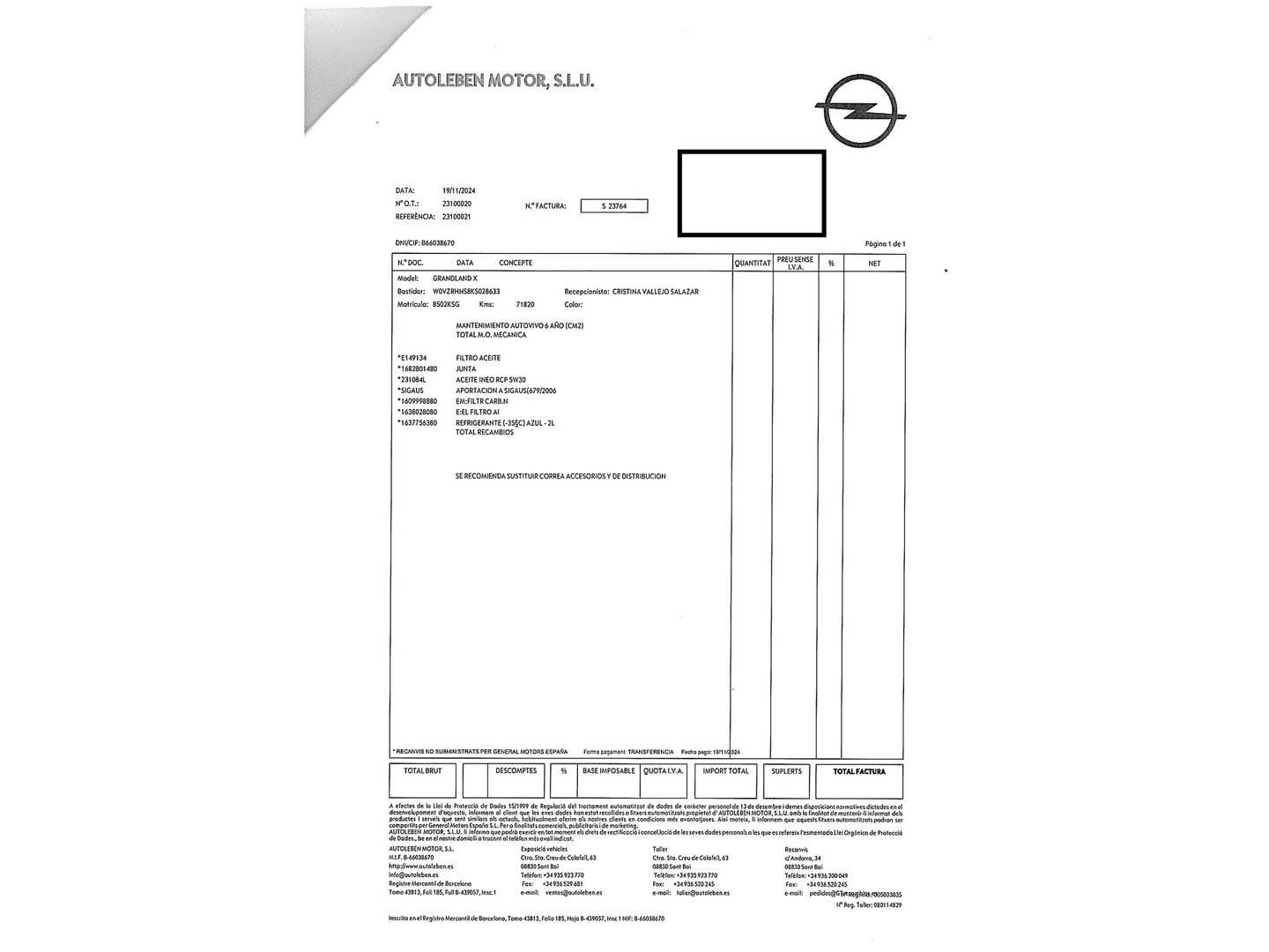 Foto del mantenimiento del Opel Grandland X Opel Grandland X 1.2 Turbo S&S Design Line Auto (130 CV)