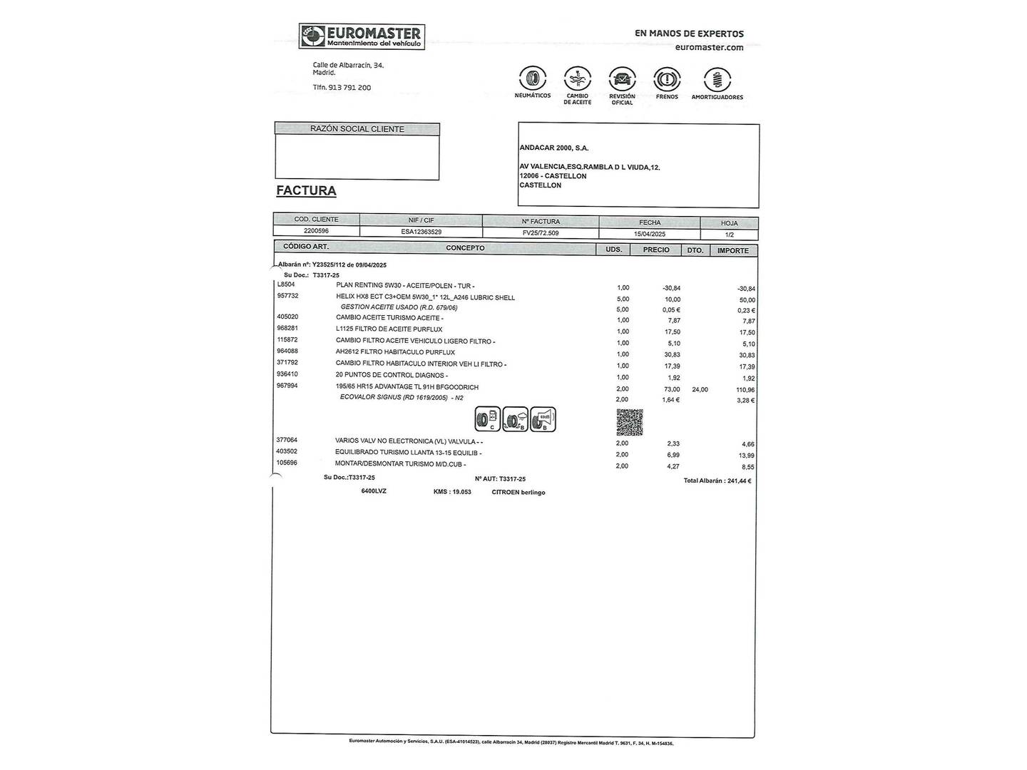 Foto del mantenimiento del Citroën Berlingo Citroen Berlingo Furgon BlueHDi 100 Talla M Control (102 CV)