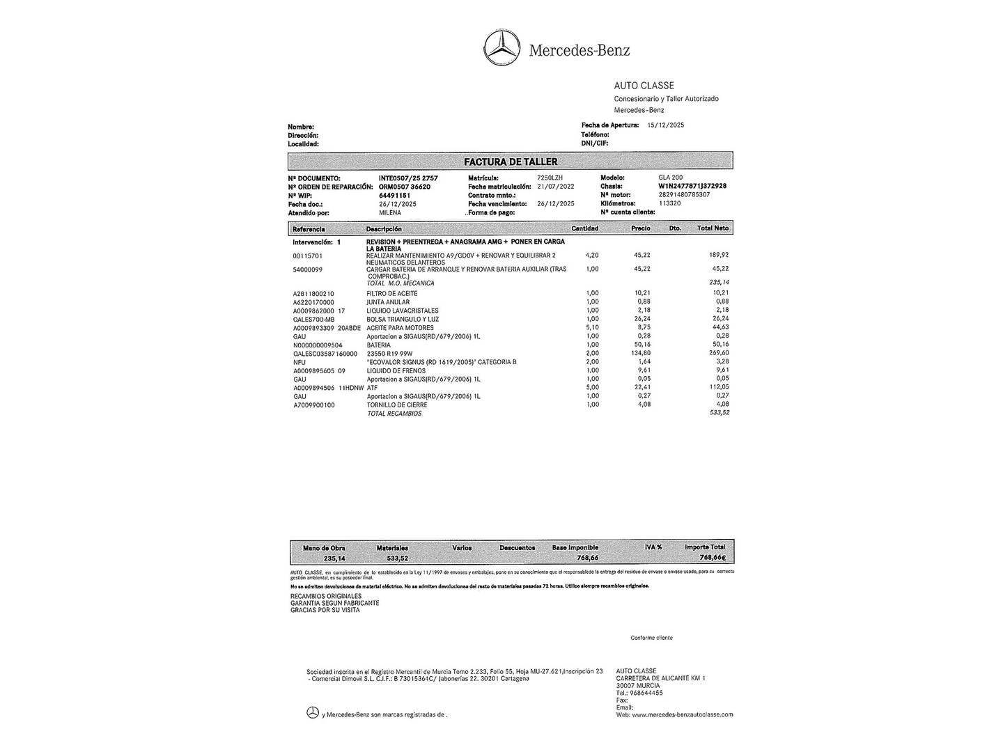 Foto del mantenimiento del Mercedes GLA Mercedes GLA 200 (163 CV) Pack AMG