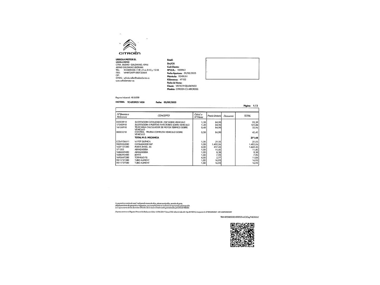 Foto del mantenimiento del Citroën C5 Aircross Citroen C5 Aircross BlueHdi 130 S&S Shine (131 CV)