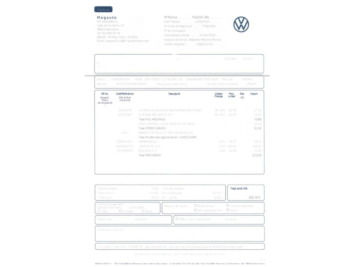 Foto del mantenimiento del Volkswagen Golf Volkswagen Golf Sport 2.0 TDI (150 CV) DSG