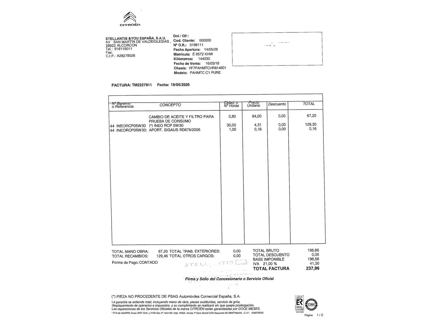 Foto del mantenimiento del Citroën C1 Citroën C1 PureTech 82 City Edition (82 CV)