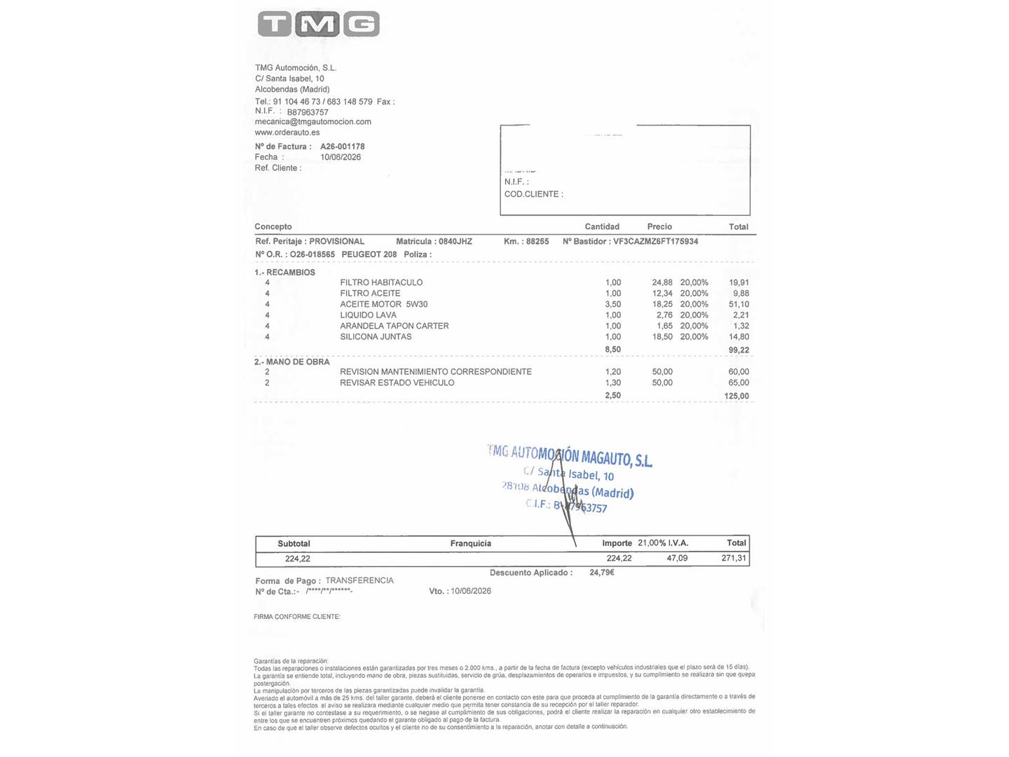 Foto del mantenimiento del Peugeot 208 Peugeot 208 1.0L PureTech Active (68 CV)