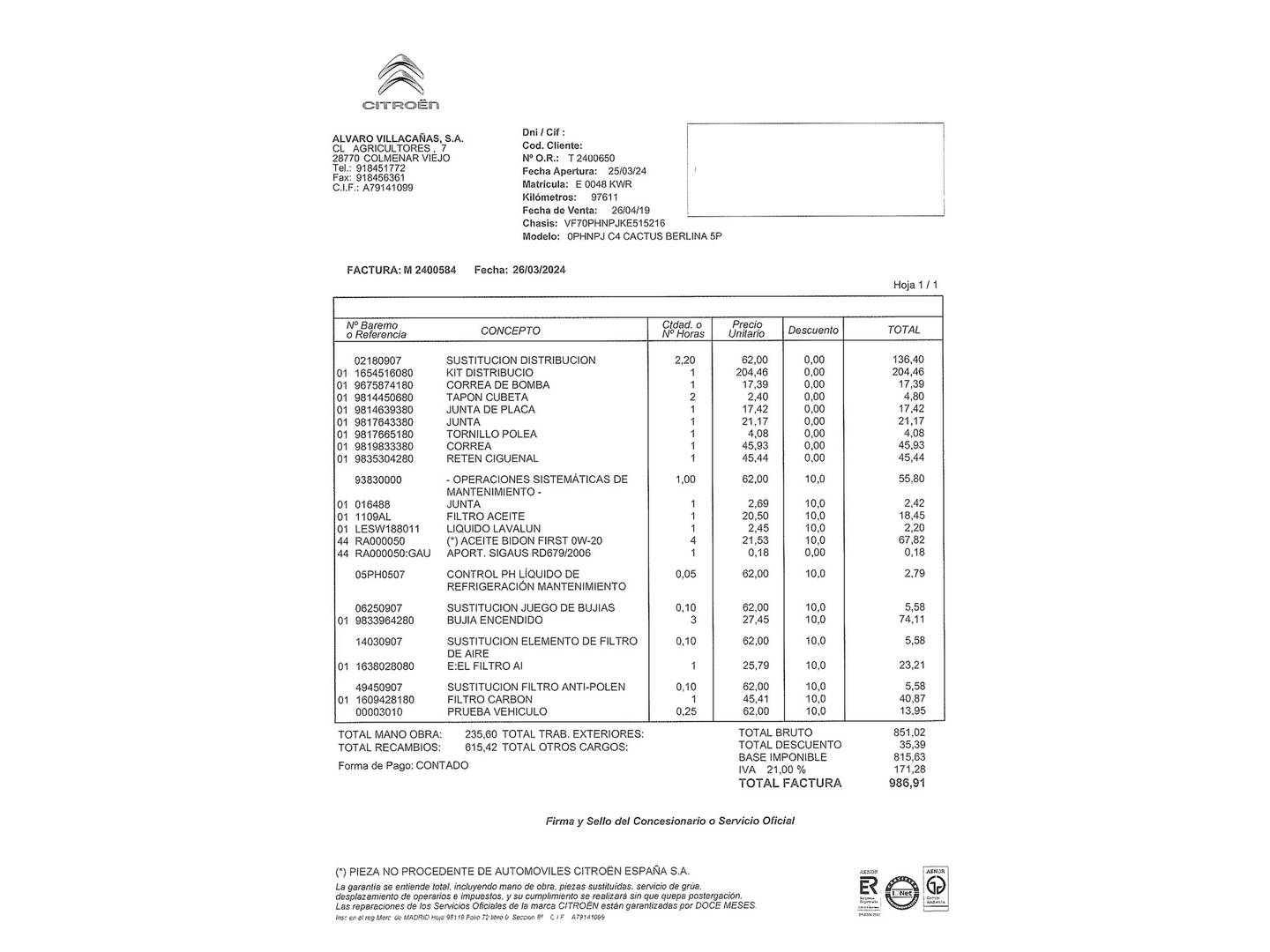 Foto del mantenimiento del Citroën C4 Cactus Citroën C4 Cactus PureTech 110 S&S Shine(110 CV)