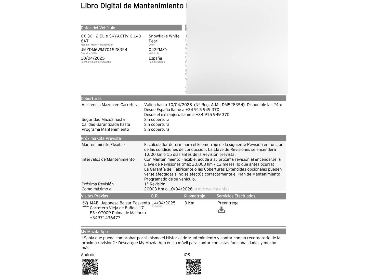 Foto del mantenimiento del Mazda CX-30 Mazda CX-30 e-SKYACTIV G Homura AT (140 CV)