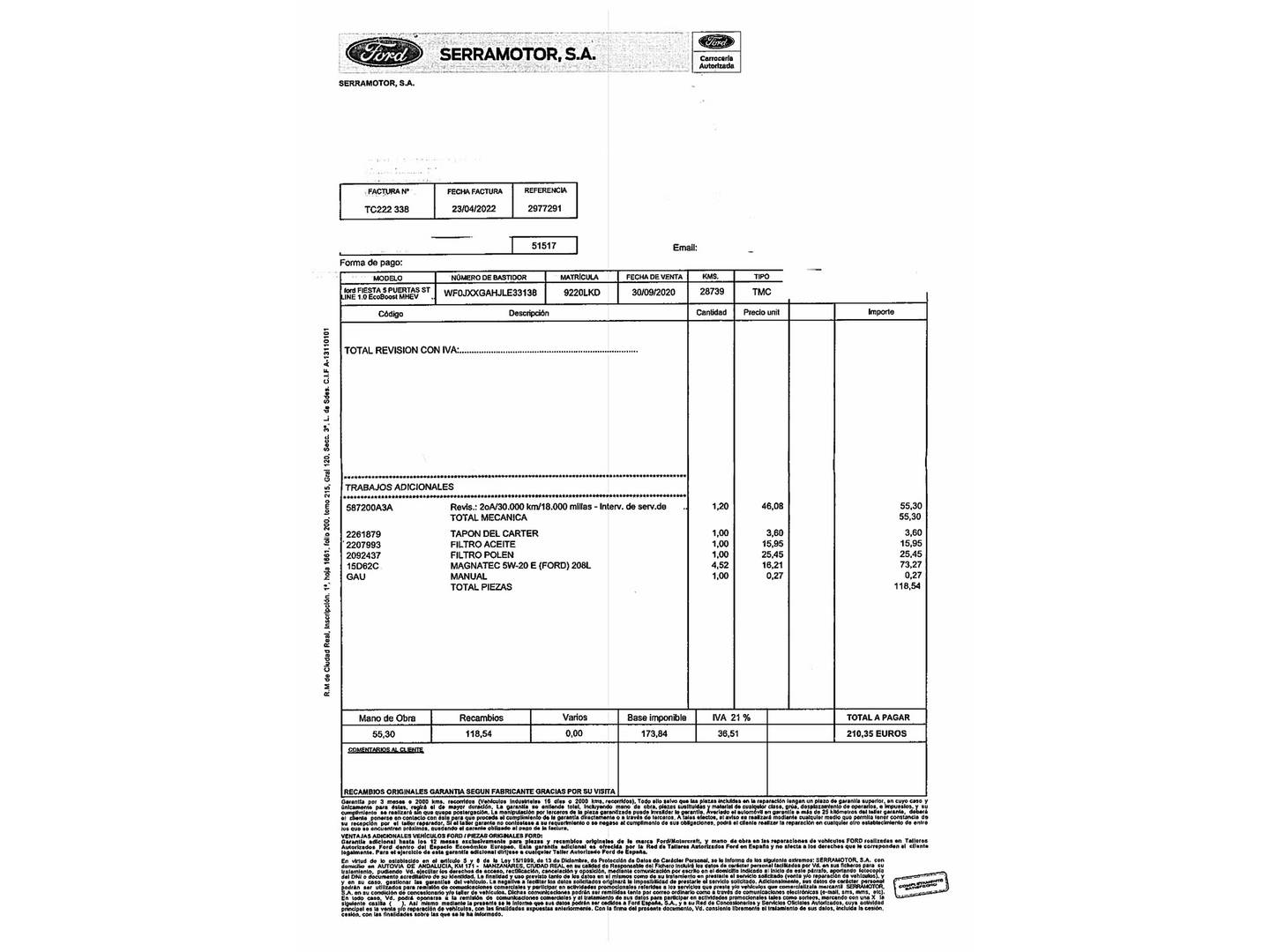 Foto del mantenimiento del Ford Fiesta Ford Fiesta 1.0 EcoBoost MHEV ST-Line (125 CV)