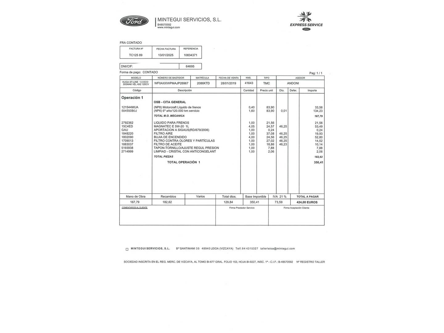 Foto del mantenimiento del Ford Kuga Ford Kuga 1.5 EcoBoost S&S ST-Line 4x2 (120 CV)