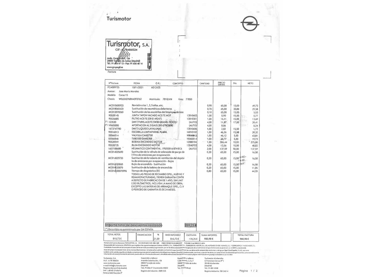 Foto del mantenimiento del Opel Corsa Opel Corsa 1.4 Selective (90 CV)