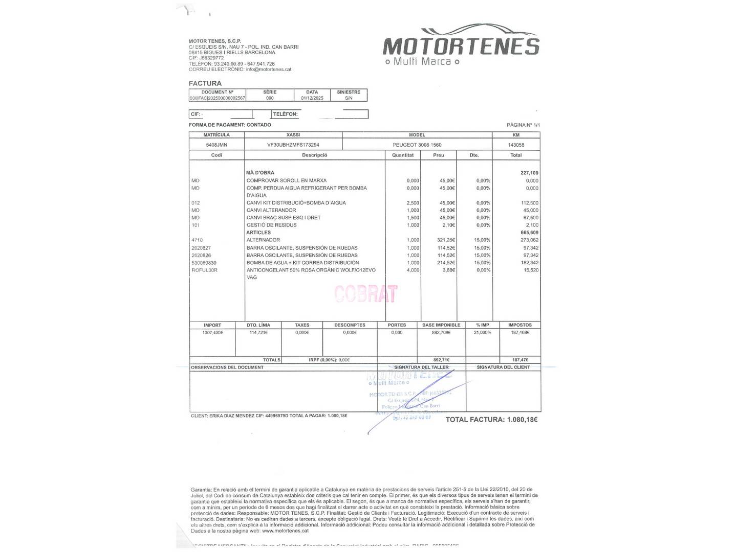 Foto del mantenimiento del Peugeot 3008 Peugeot 3008 1.6 BlueHDi FAP Allure (120 CV)