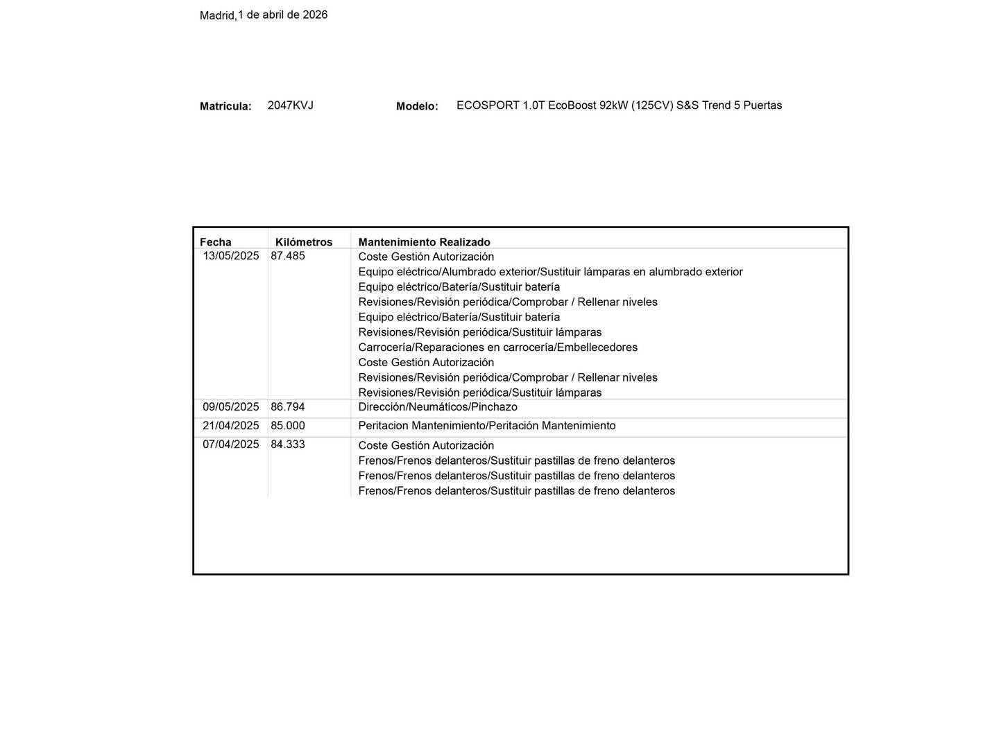 Foto del mantenimiento del Ford EcoSport Ford EcoSport 1.0 EcoBoost S&S Trend (125 CV)