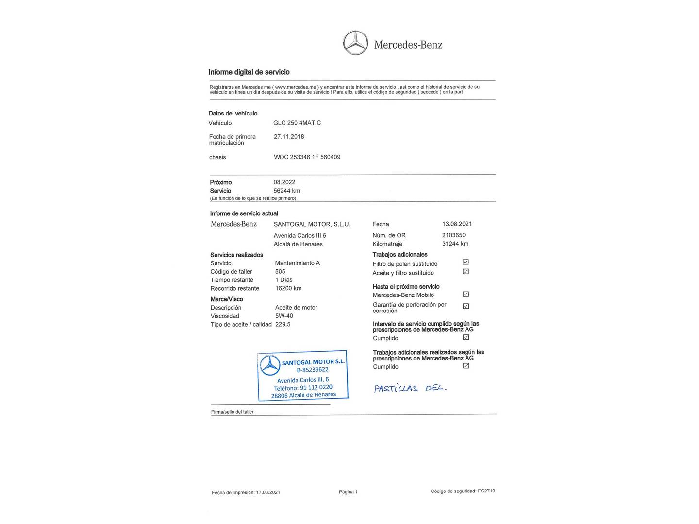 Foto del mantenimiento del Mercedes GLC Coupé Mercedes GLC Coupé 250 4Matic (211 CV)