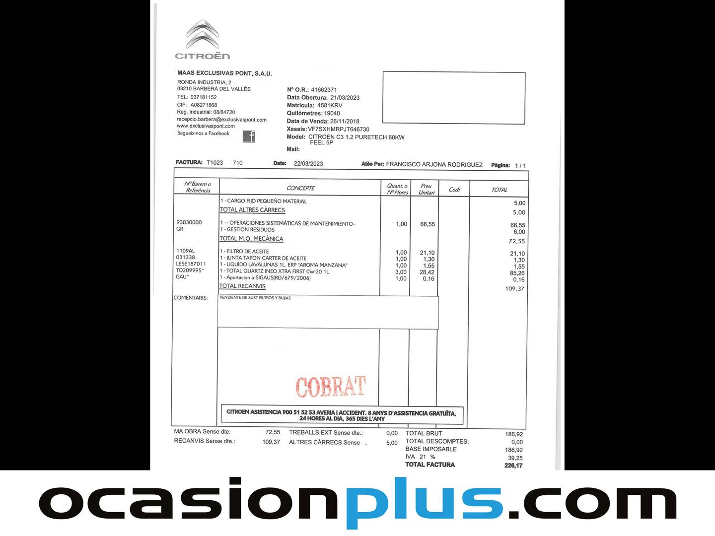 Foto del mantenimiento del Citroën C3 Citroën C3 PureTech 82 Feel (83 CV)