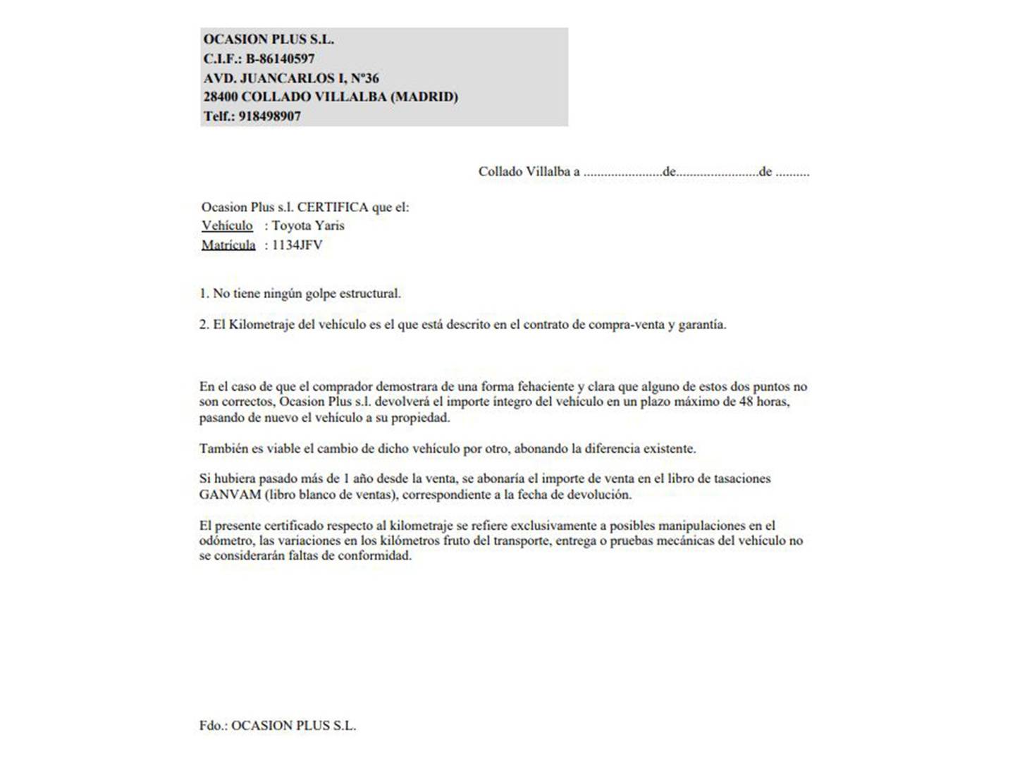 Foto del certificado del Toyota Yaris Toyota Yaris 100 Active  (99 CV)