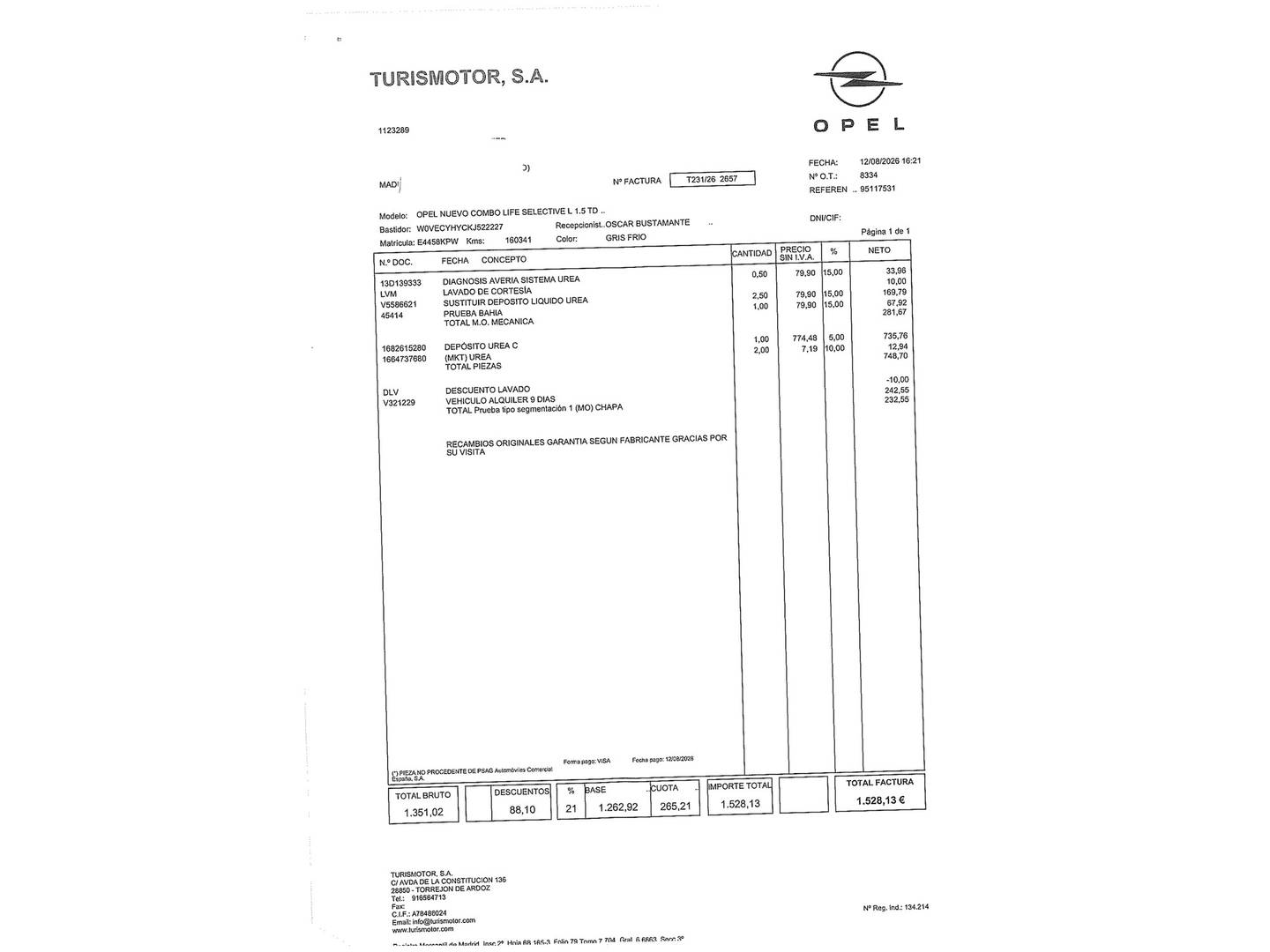 Foto del mantenimiento del Opel Combo Life Opel Combo Life 1.5 TD S&S Selective L (100 CV)