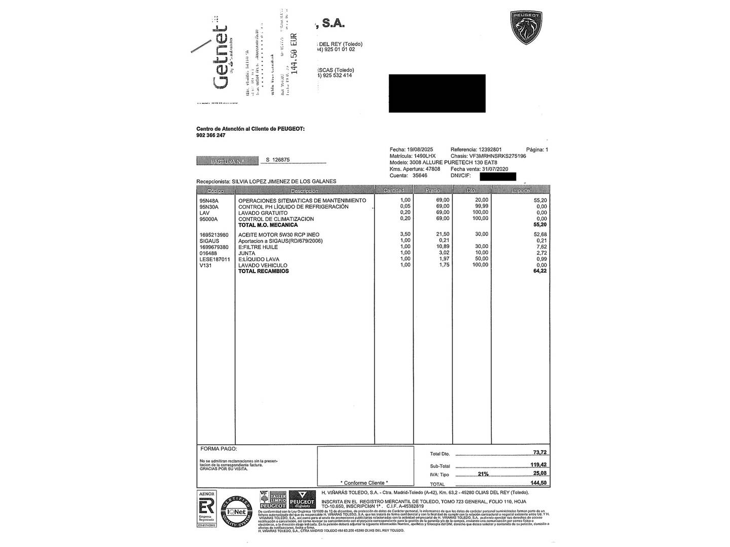 Foto del mantenimiento del Peugeot 3008 Peugeot 3008 PureTech 130 Allure EAT8 (130 CV)