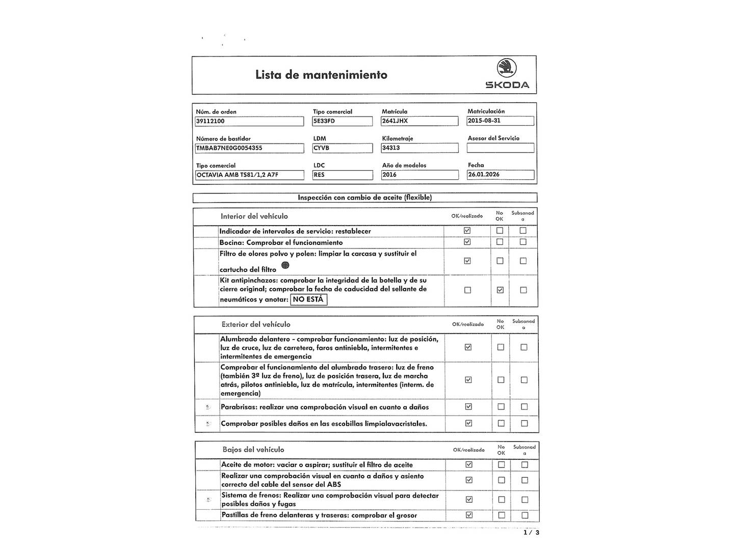 Foto del mantenimiento del Skoda Octavia Skoda Octavia 1.2 TSI 105cv Ambition DSG