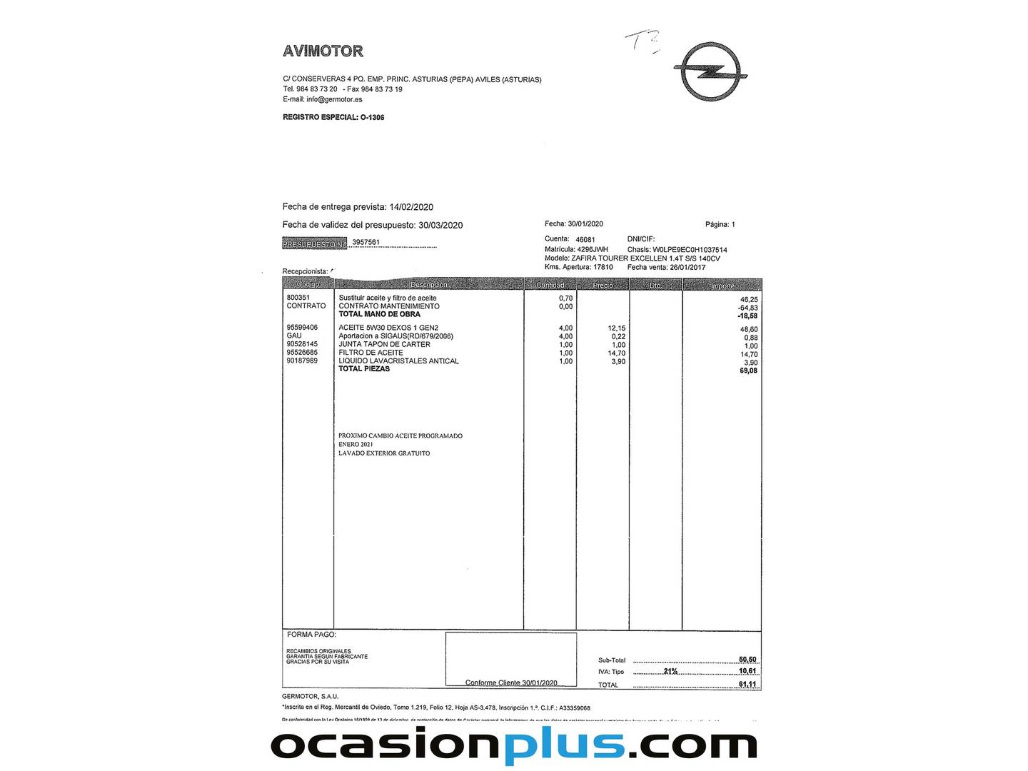 Foto del mantenimiento del Opel Zafira Tourer Opel Zafira Tourer 1.4 Turbo S&S Excellence  (140 CV) 7 plazas