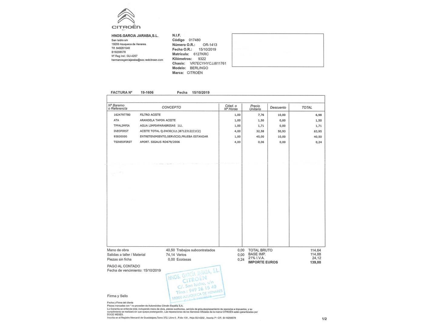 Foto del mantenimiento del Citroën Berlingo Citroën Berlingo BlueHDi 100 S&S Talla M Shine (102 CV)