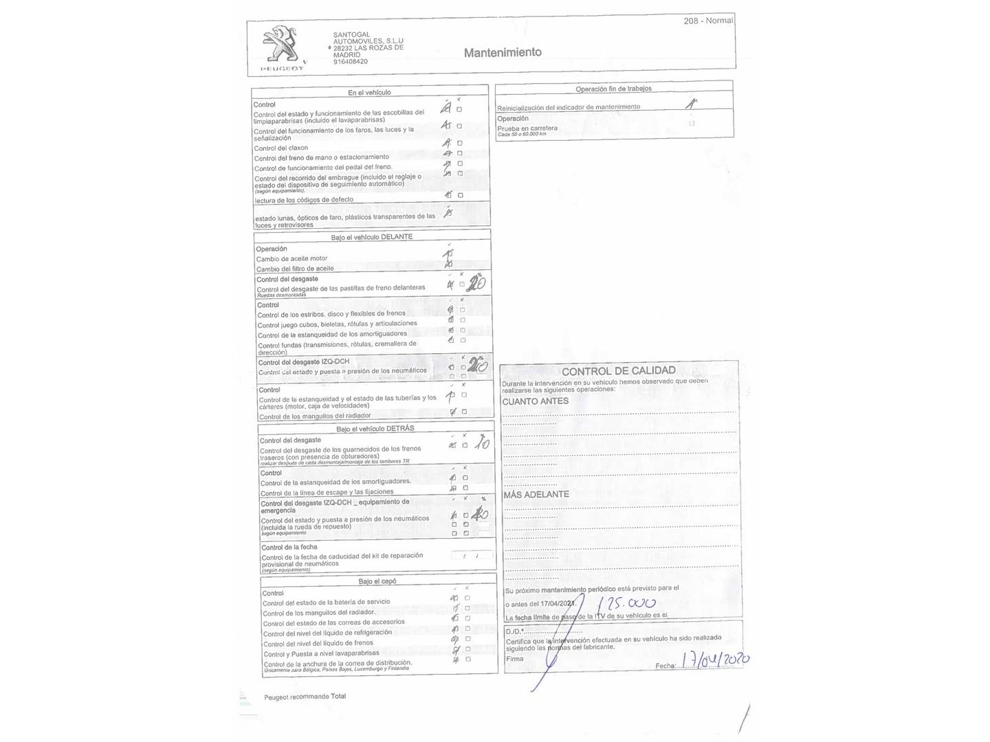 Foto del mantenimiento del Peugeot 208 Peugeot 208 PureTech Signature (82 CV)