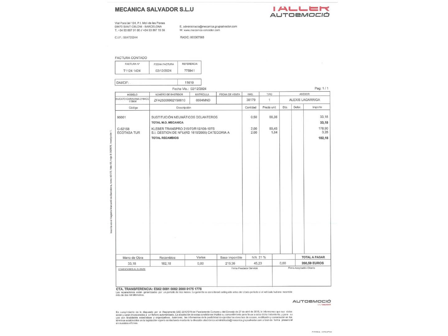Foto del mantenimiento del Rimor Horus 145 Rimor Horus 145 103kW (140CV) 4 Plazas