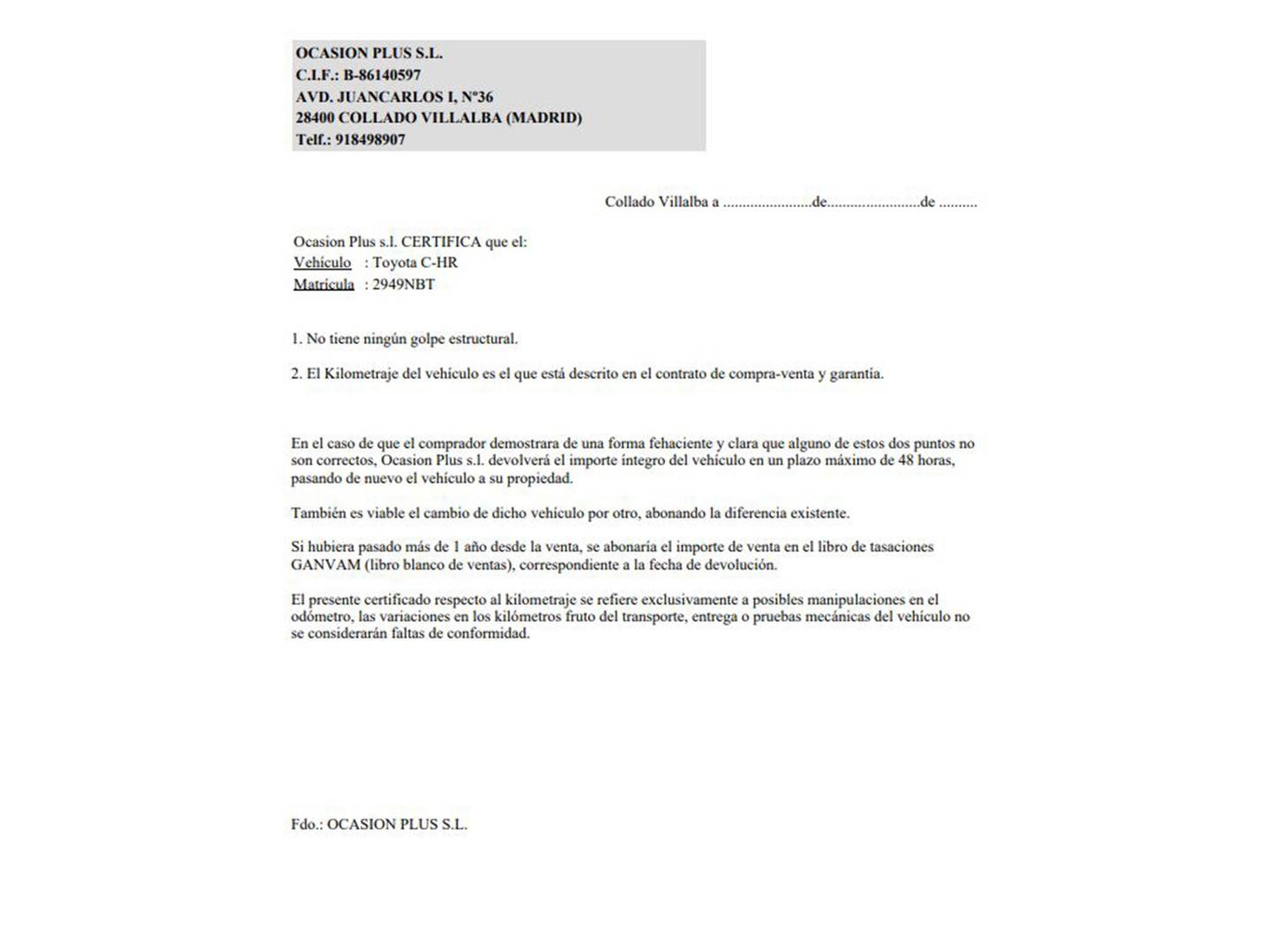 Foto del certificado del Toyota C-HR Toyota C-HR 140H Advance (140 CV)